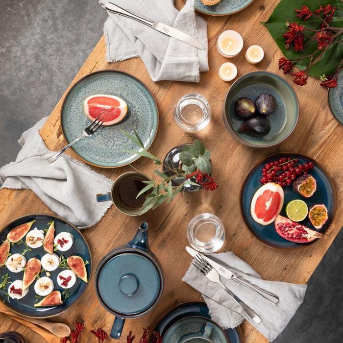 like. by Villeroy & Boch - Lave Blue servies set van aardewerk, 4-delig, aardappellook, tafelservies voor 2 personen, blauw
