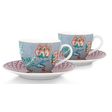 Pip Studio Flower Festival Espressokop 120ml en schotel Light Blue - Set van 2
