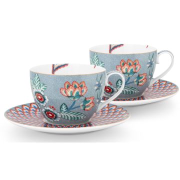 Pip Studio Flower Festival Cappuccinokop 280ml en schotel Light Blue - Set van 2