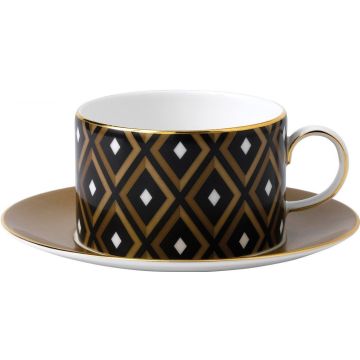 Wedgwood Gio Gold Theekop en schotel Geometric - Zwart