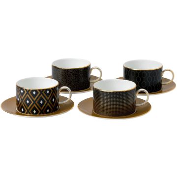 Wedgwood Gio Gold Theekop en schotel - Set van 4 - Zwart